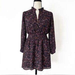 Floral Smocked Waist Mini Dress Long Sleeve Boho Romantic Dark Academia Dress